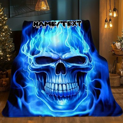 1pc 1pcs Custom NameText & Skull Blanket - Soft Flannel Fleece Throw Suitable