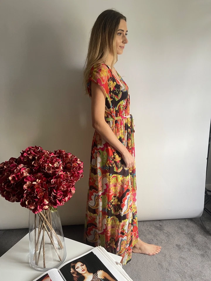 D&G Beachwear Dress UK S Multicoloured Floral Belted Semi Sheer V-Neck - Image 2 of 4