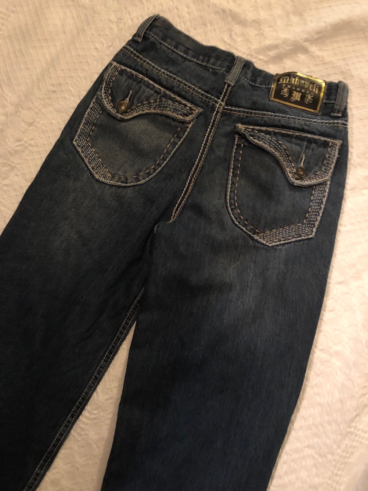 Makaveli Boys Denim Blue Jeans Med Wash Size 14 Distressed Flap Pockets