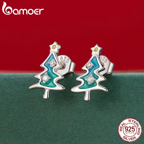 Bamoer Unique 925 Sterling Silver Christmas Tree CZ Stud Earrings Jewelry Women - Picture 9 of 17