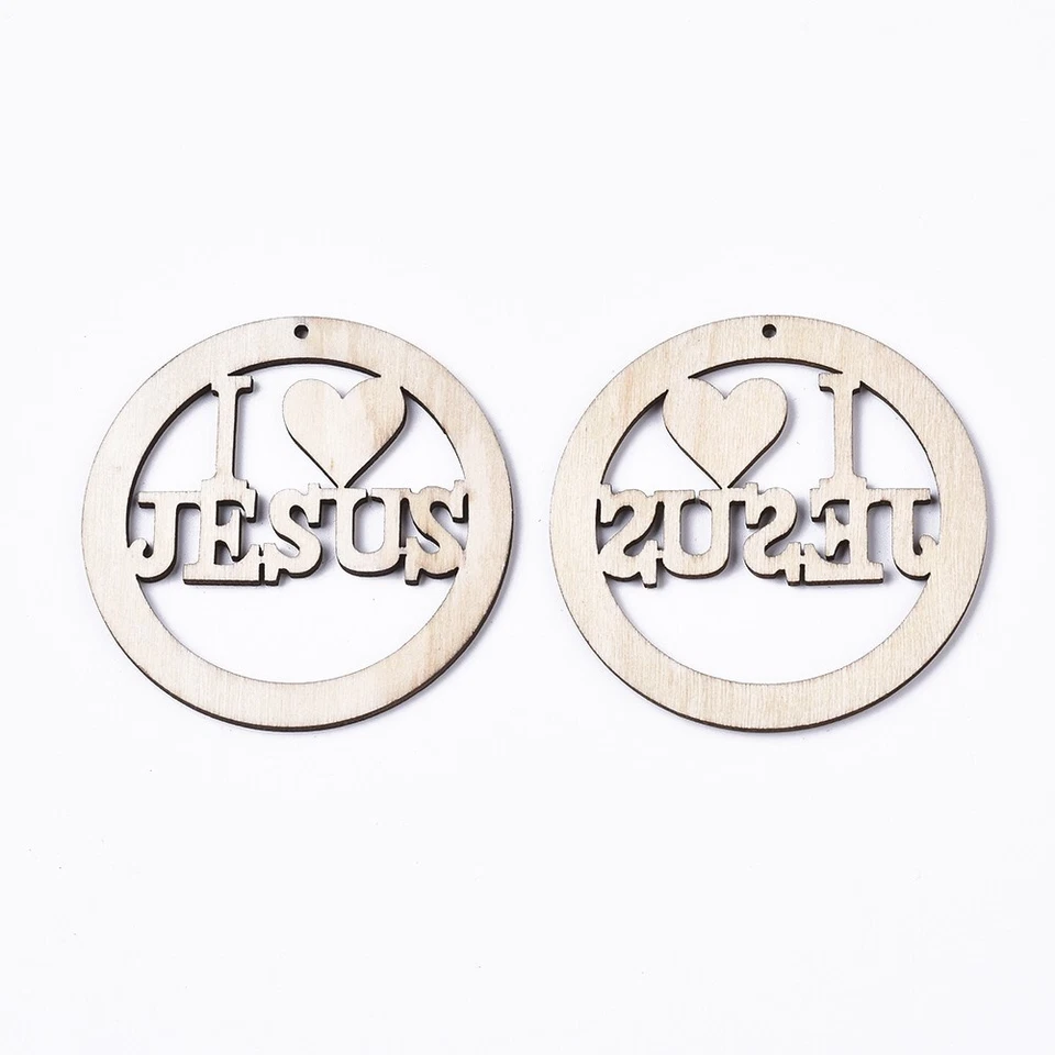 200 антикварных белых плоских круглых кулонов из натурального дерева со словом «Я люблю Иисуса» - Изображение 2 из 2