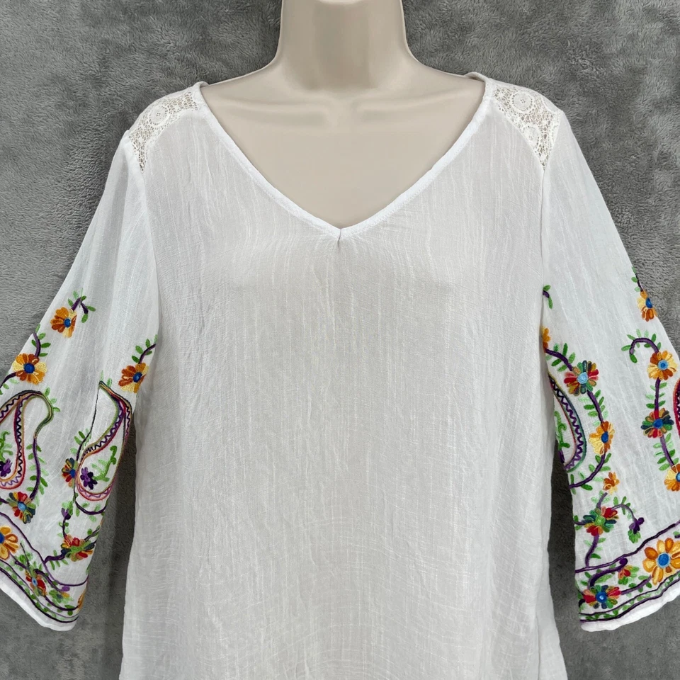 Túnica Valerie Stevens Bordada Campesina Boho Encaje Bohemio Floral Top Transparente M Foto 3 de 4