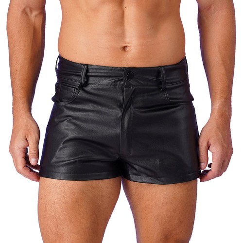 Herren Schwarz Stretch Kurze Hose Metallic Glitzer Boxershorts PU Leder Shorts - Picture 23 of 39
