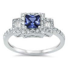 Square Blue CZ Halo Wedding Ring .925 Sterling Silver Band Sizes 4-12