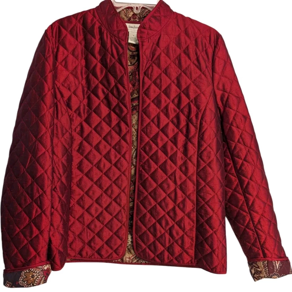 Chaqueta Neiman Marcus 100% Seda Acolchada Roja De Colección Frente Abierto M Forrada Cachemira Foto 2 de 4