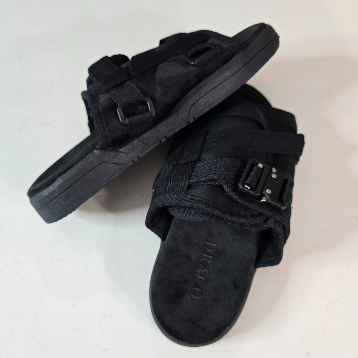 Draco Slide Sandals Black White Multi Strap Buckle Mens 7-8 Womens 8-9.5 Original DracoSlides | Suede Memory Foam Comfort Slides  main image 2