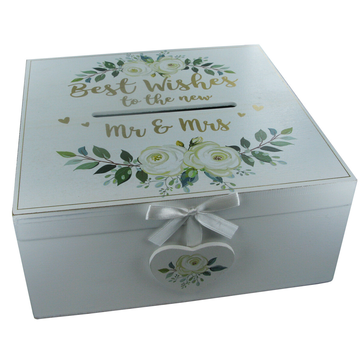 Wedding Cards Post Box Venue Decor Best Wishes Mr & Mrs Wooden White Floral