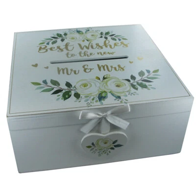Wedding Cards Post Box Venue Decor Best Wishes Mr & Mrs Wooden White Floral - Image 1 of 4