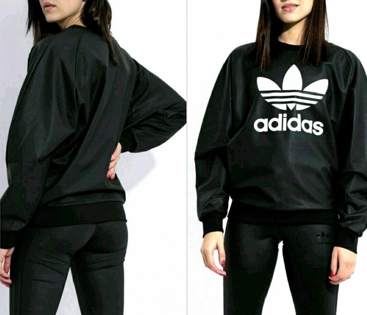 SMALL adidas Women's WET LOOK TREFOIL SWEATSHIRT 3-STRIPES TONAL