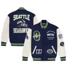 NWT Men's OVO x NFL Navy Seattle Seahawks Full-Snap Varsity Jacket XL