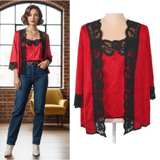 VTG 70s 80s Red Black 2pc Cami and Robe Set Medium Antron III Nylon Lace Trim