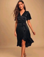 LULUS Midi Dress Women  s Med Black Wrapped Up In Love Satin Flutter Sleeve New
