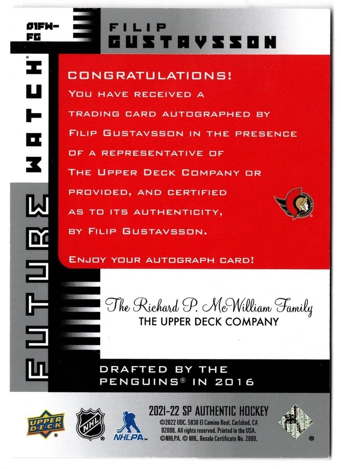 2021-22 SP Authentic 2001-02 Retro Future Watch Auto FILIP GUSTAVSSON 01FW-FG 90 - Image 2 of 2