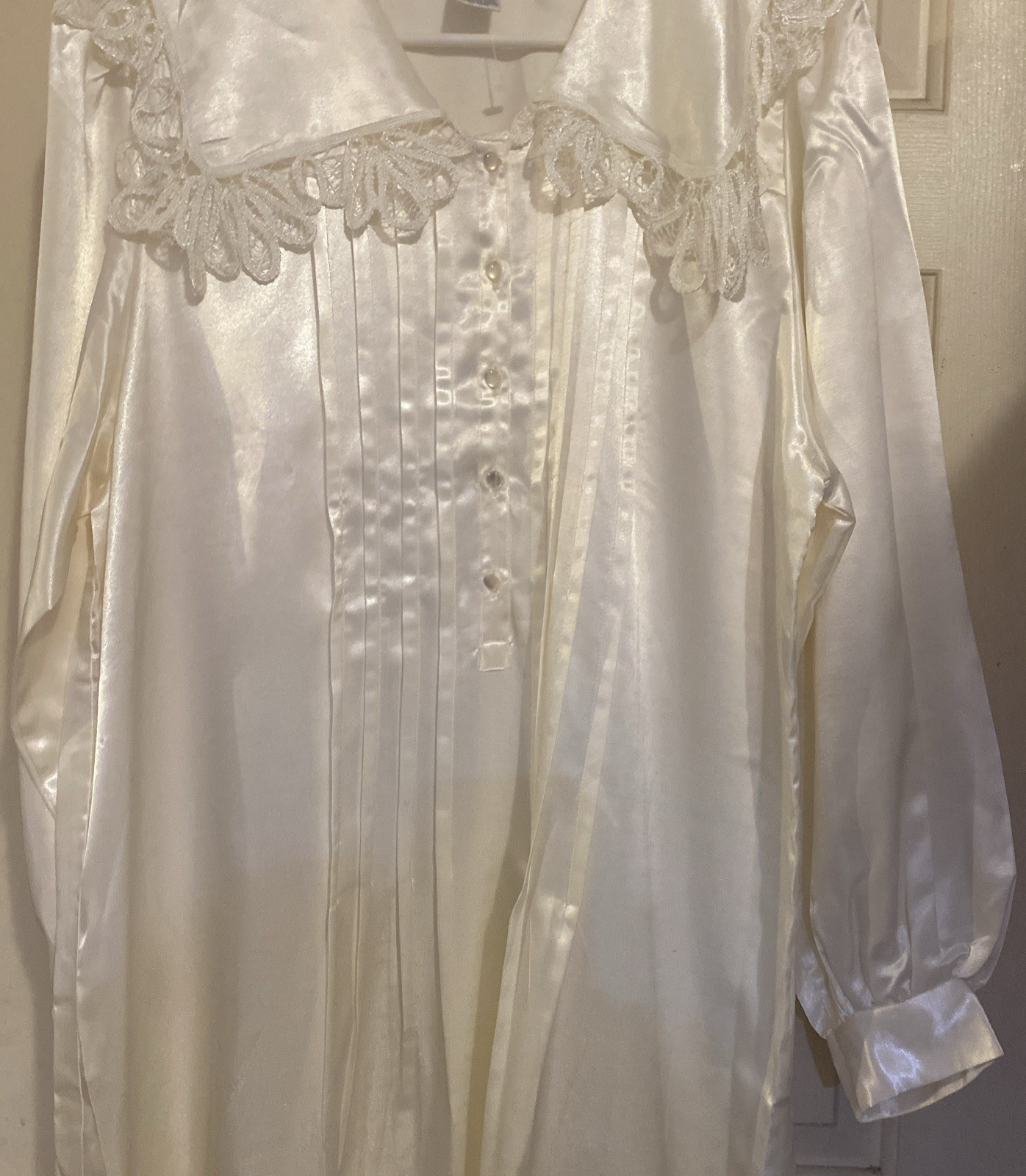 Adonna Satiny Shiny Maxi Nightgown Sz Small Long Sleeves Lace Trim Cream Bridal