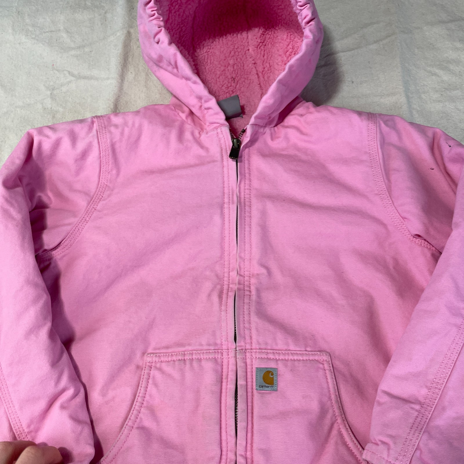 Carhartt Hooded Work Jacket Girls Medium M 10-12 Pink Sherpa Canvas Full Zip USA thumbnail 2