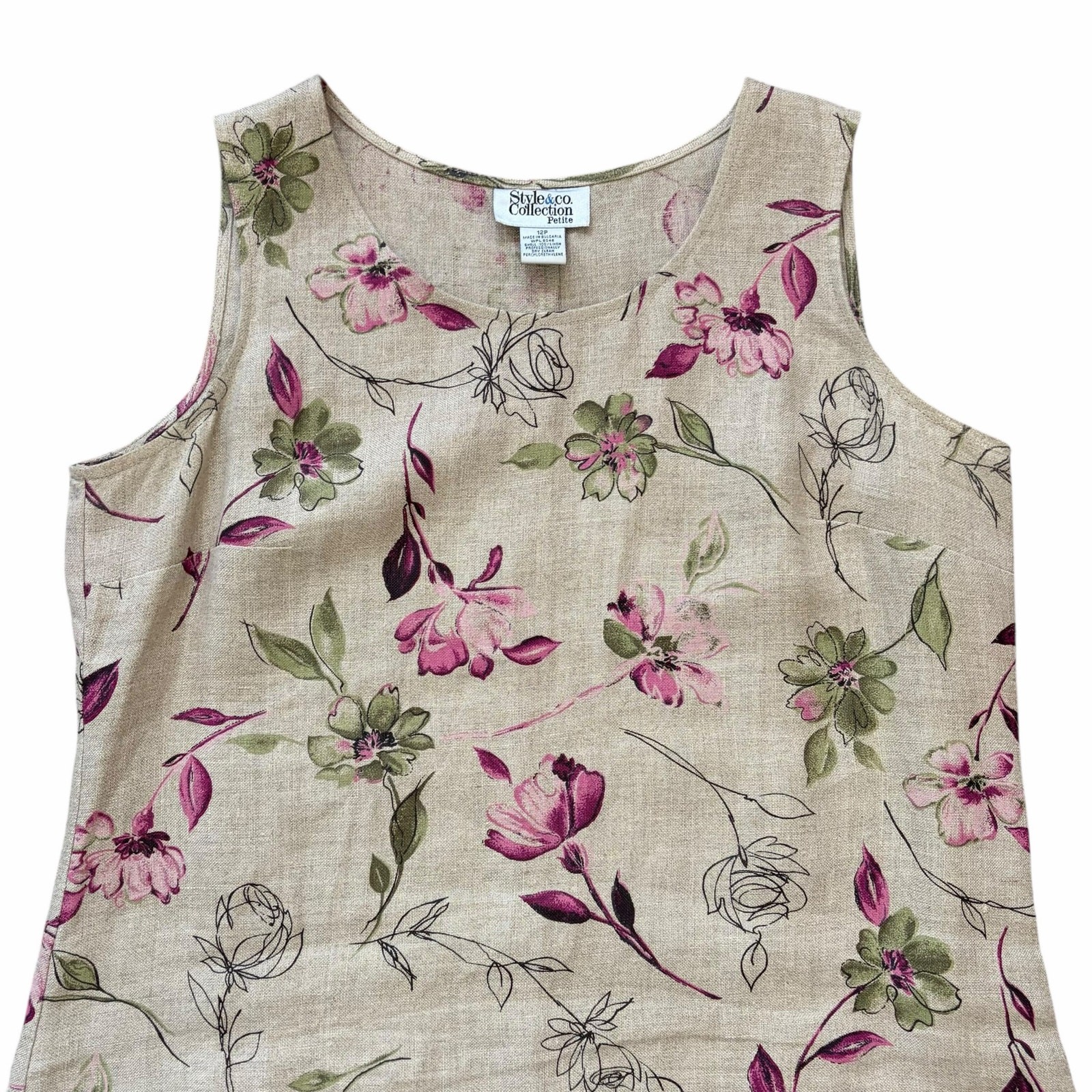 Style&Co 100% Linen Maxi Dress 12P Floral Lagenlook Prairie Peasant Cottagecore