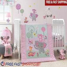 3-Piece Crib Bedding Set Elephant Quilt Fitted Sheet Dust Ruffle Nursery Decor