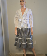POWWOW White Eyelet Cotton Jacket Blazer Bow Tie 3/4 Sleeve Size M/L Chic