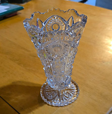 Unmarked Clear Pressed Glass Scalloped Rim Decorative Vase 7in Tall