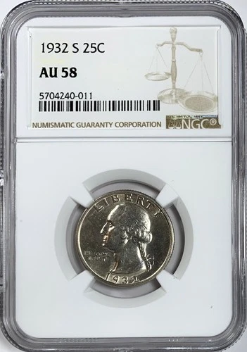1932-S 25¢ Washington Quarter, NGC AU 58, "Key Date Coin" Very Nice for Grade!
