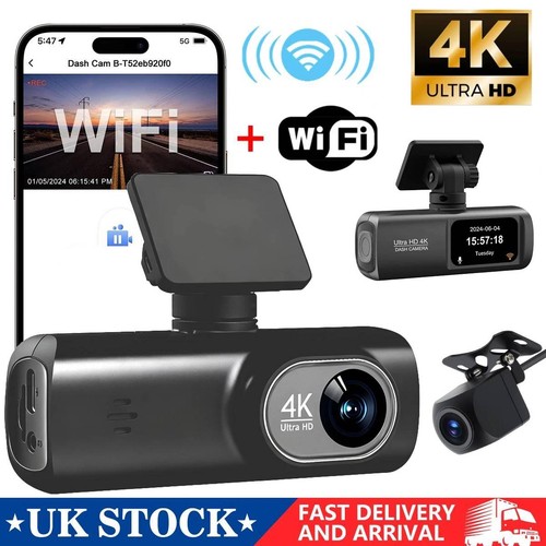 4K Ultra HD Dash Cam Front & Rear, View 170°, Built-in WiFi, 3 Len Cam,Phone App