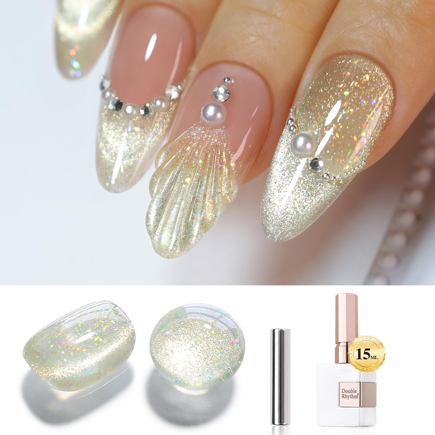 0.5oz Cat Eye Gel Polish with Holographic Glitter and Magnet 15ml Shimmer Translucent