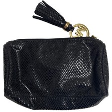 Michael Kors Black Snakeskin Embossed Makeup Bag Clutch MK Logo Tassel Zip Pouch