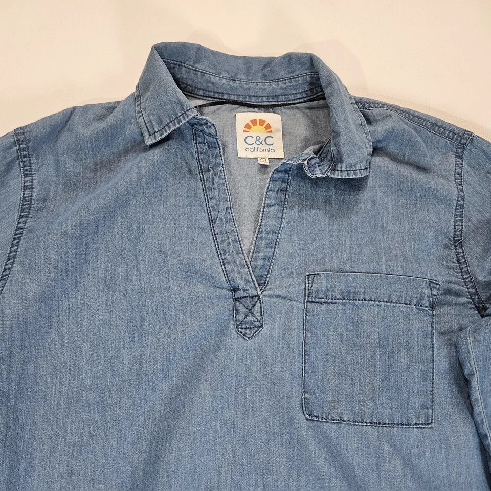 C&C California Denim Popover Top Size Medium Blue Casual V-neck Pocketed Western - Image 3 of 4