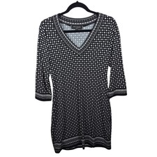 Max Studio Dress Womens M Black Shift Dress Jersey 3/4 Sleeve V Neck