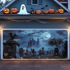 Halloween Garage Door Banner 6 x 13FT, Spooky Haunted Graveyard with Pumpkins...
