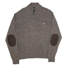 CHAPS Mens Brown brown Button Up Plain Crew Neck Chunky Knit XL Cotton Jumper