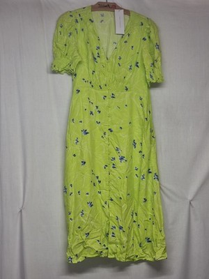 French Connection Blue/White - Lime V Neck Short Sleeve Lined Summer Dress Sz 10