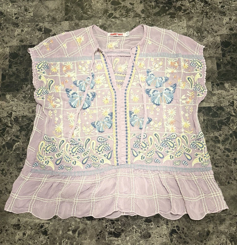 Blusa Johnny Was Paise M Lavanda Boho Bordada Floral Paisley Mariposa Foto 4 de 4