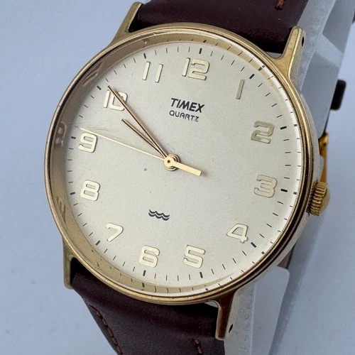 Vintage Timex Quartz Watch Men Gold Tone Leather LA Cell Analog New Battery
