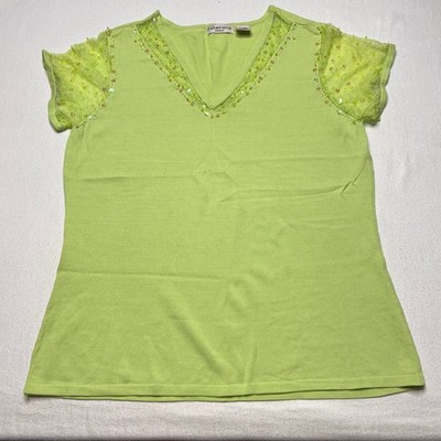 Notations Womens Top sz 14/16W Bright Green Short Sleeve V Neck Beaded Sequins