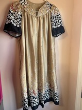 Vintage 1970s House Coat Muu Muu Snap Front Floral Golden Beige And Black