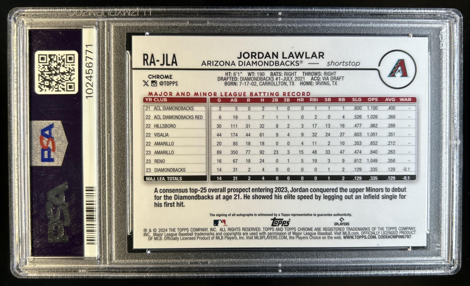 2024 Topps Chrome Jordan Lawlar Rookie Auto Lava Lamp Aqua/Blue #/175 PSA 10 view 2