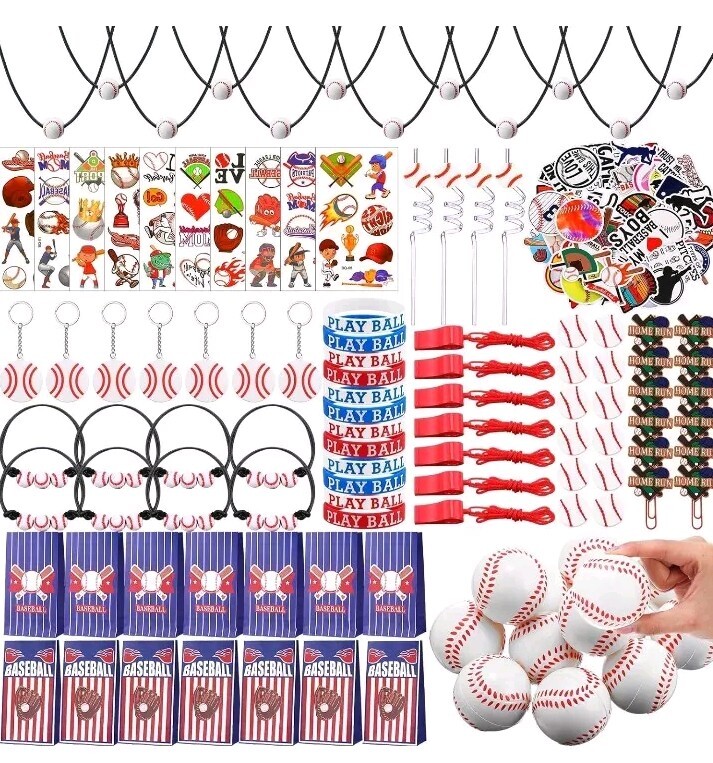 182 Pcs Baseball Party Favors Baseball Team Gift Wristband Keychain Tattoos Stic