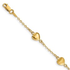 Real 14kt Yellow Gold Brushed  Polished Hearts 7 inch Chain Bracelet; 7 inch