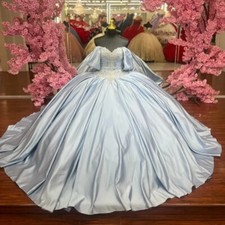 Sky Blue Quinceanera Dresses Ball Gown Bowed Satin Off Shoulder Sweet 16 Dress