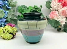 Southwest Pottery Planter/Vase Incised Design Bands of Color 8 1/2"