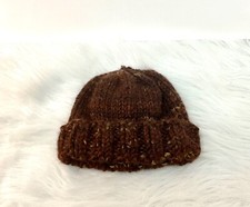 Hand Knit Chunky Beanie Wide Brim Thick Brown Tweed One Size Unisex