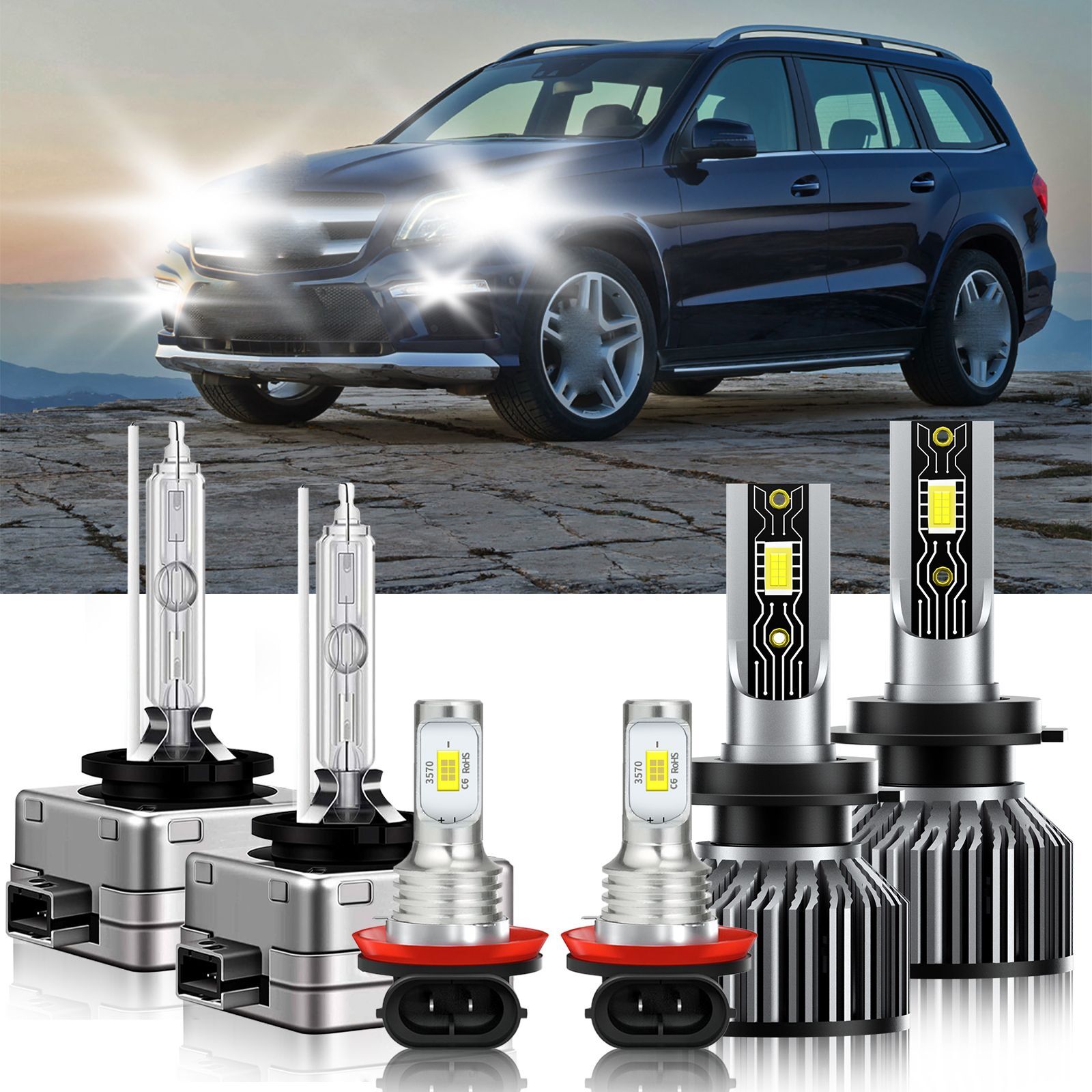 LED HID Headlight+Fog Light Bulbs Combo 6500K For Mercedes-Benz GL350 2010-2011