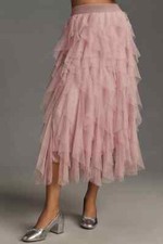 NWT by Anthropologie Evelyn Ch ri Cheri in Rose Ruffled Tulle Midi Skirt XL