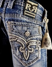  220 Mens Rock Revival Jeans "Bisque" White Leather Inserts Straight 30 X 31