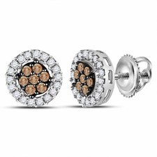 10k White Gold Brown Diamond Cluster Stud Earrings 1/4