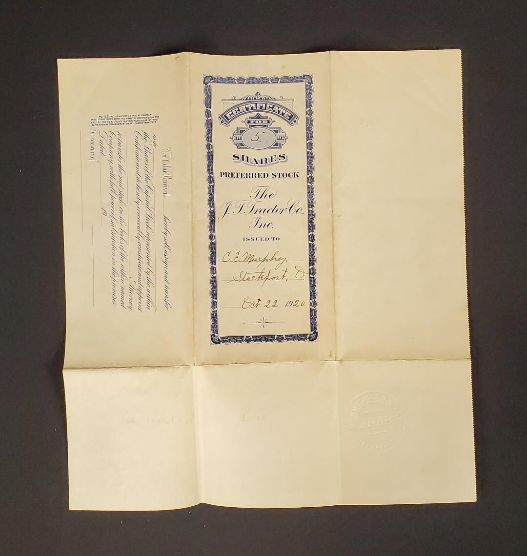 The J.T. Tractor Co.,Inc. New York Stock Certificates Common and Preferred 1920