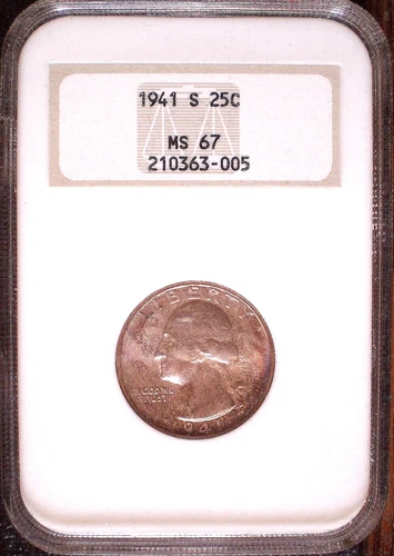1941 S 25C Washington Quarter NGC MS 67 Superb Gem, Rainbow Tone Flawless Fields