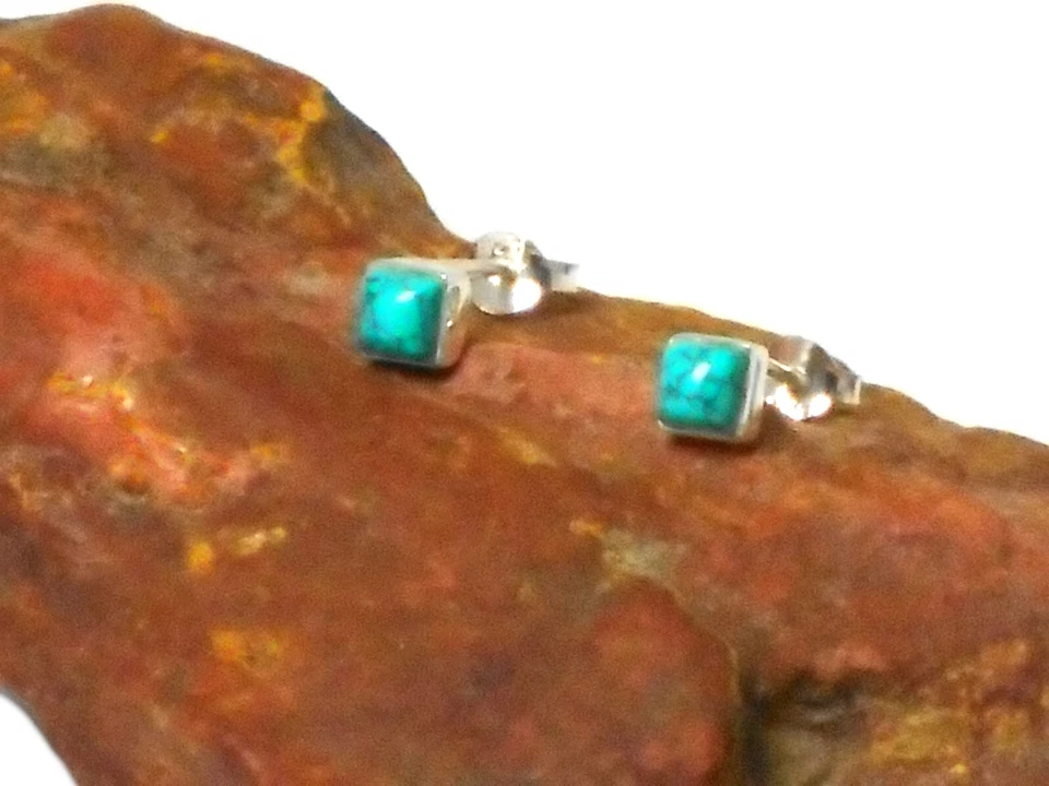 Small Square Blue TURQUOISE  Sterling  Silver  925 Gemstone Stud Earrings - 4 mm - Image 4 of 4