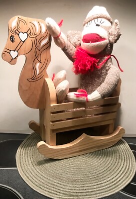 VINTAGE WOOD DOLL ROCKING HORSE WOODEN TOY DOLL HOLDER INCLUDING DOLL